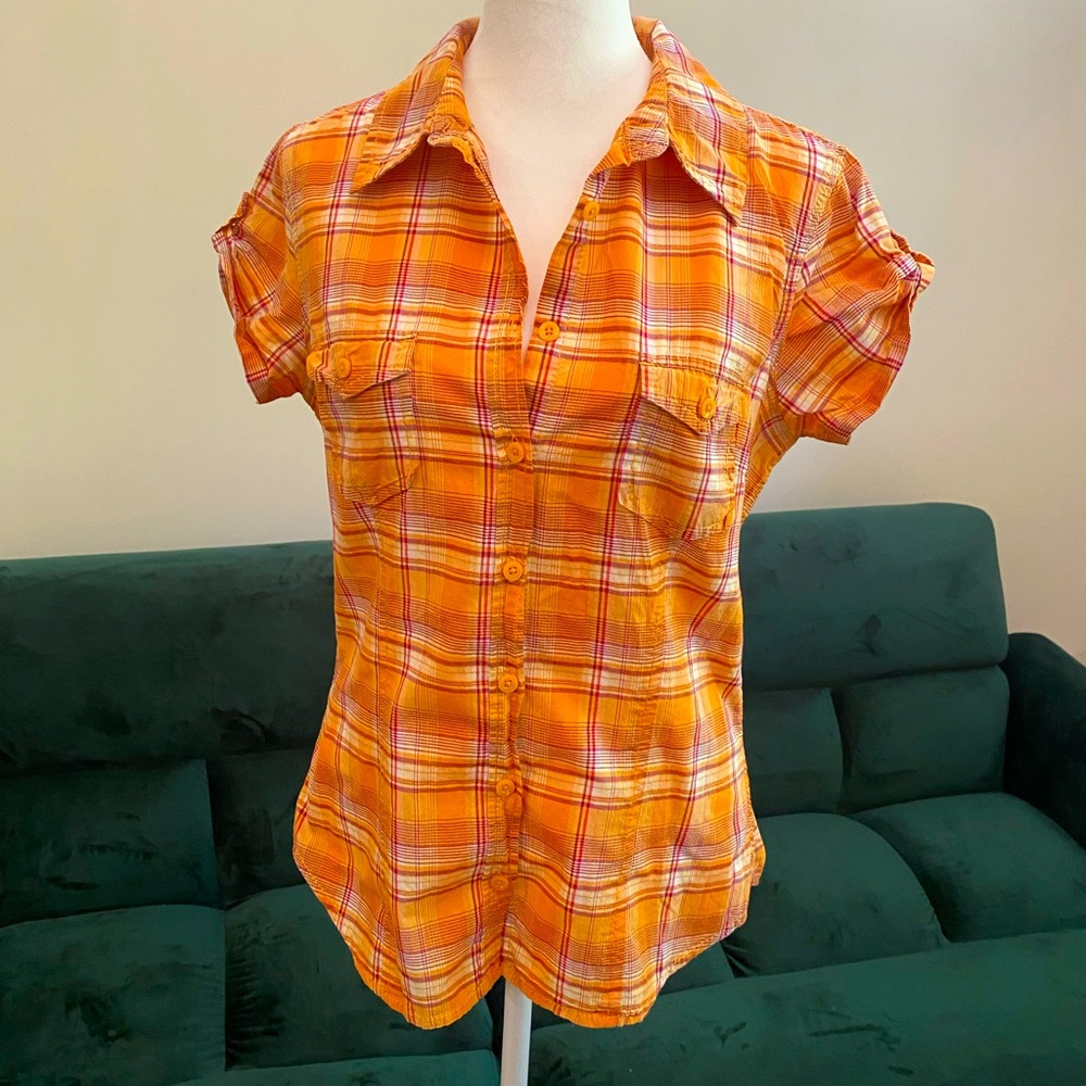 Orange plaid short sleeve button down blouse